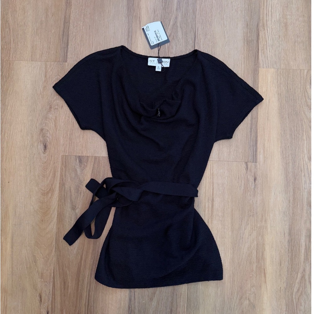 St. John Collection Black Wool Blend Cowl Neck Knit Tunic Top bead Belted Small